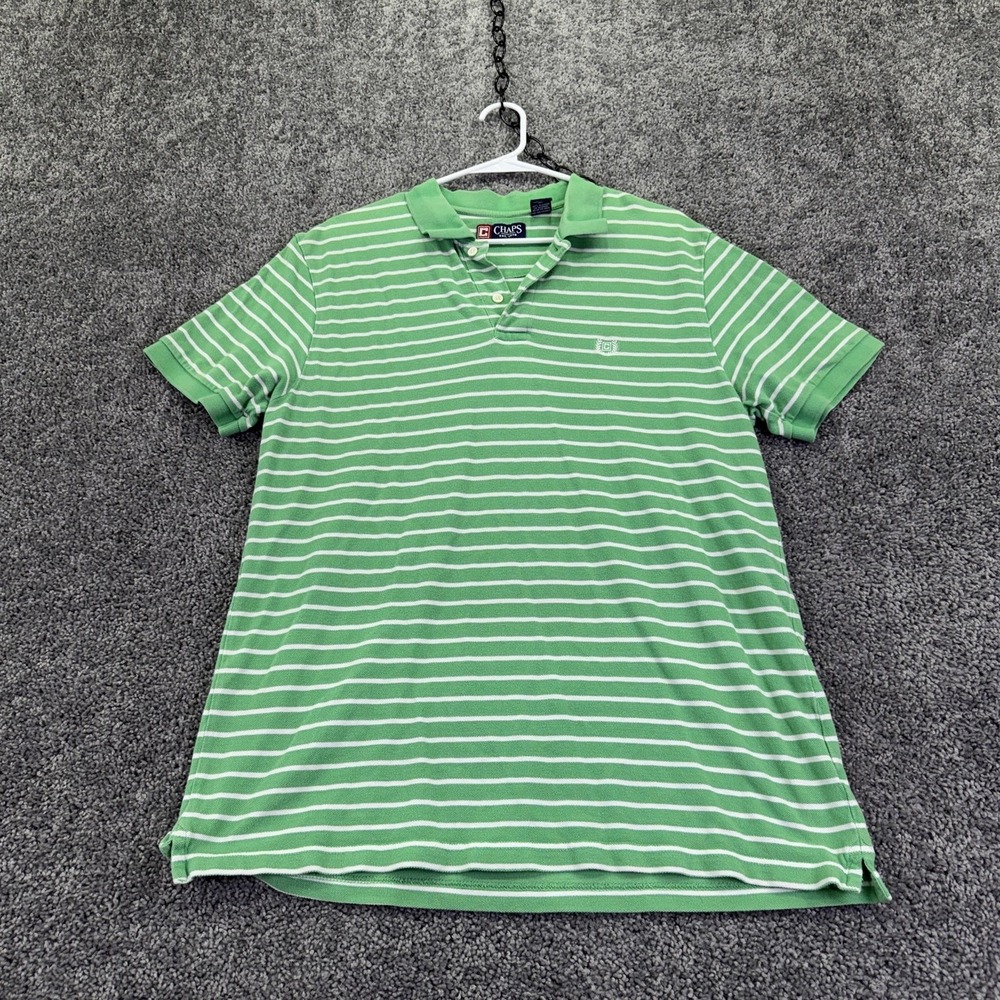 Chaps Polo Shirt Mens Large Green Striped Cotton Knit Logo Casual Summer Top